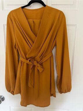 Women’s Wrap Blouse in Mustard with Self-Tie Waist